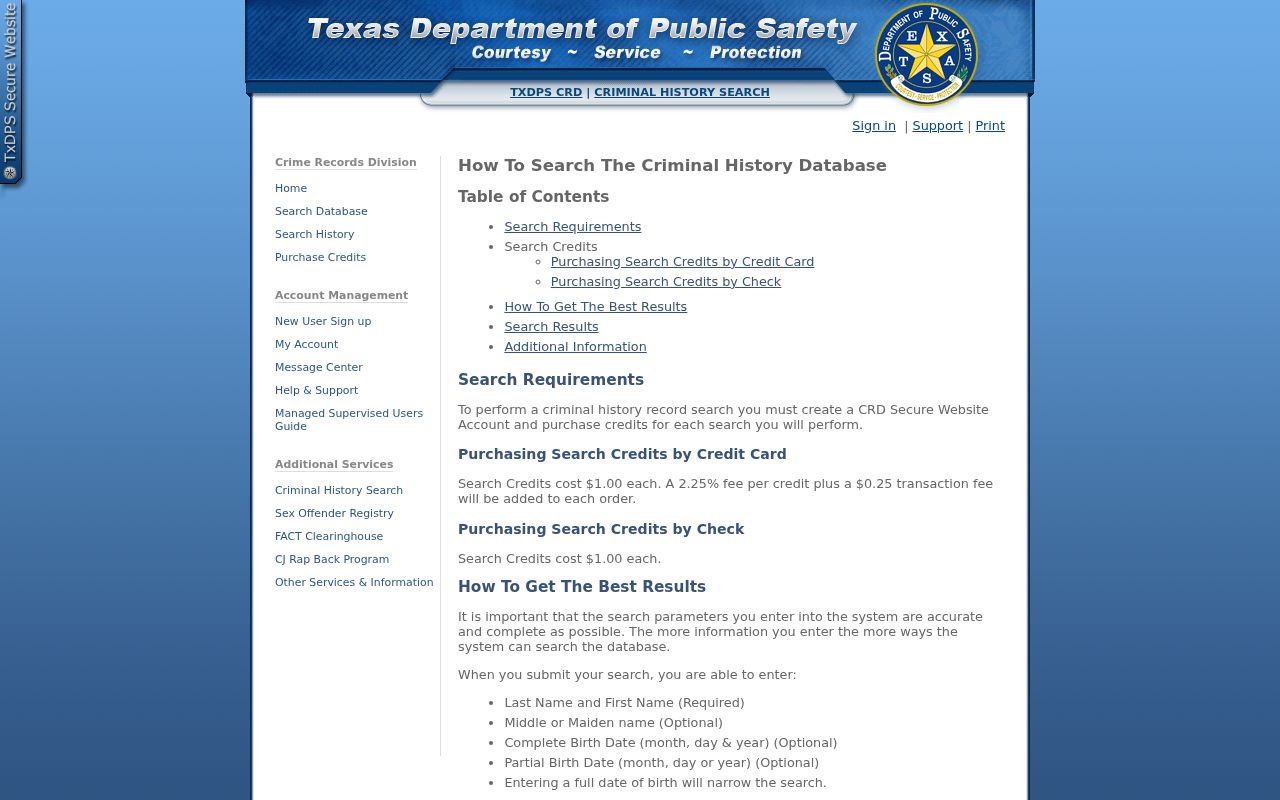Ennis resident lookup reference showing the Texas DPS criminal-history search information